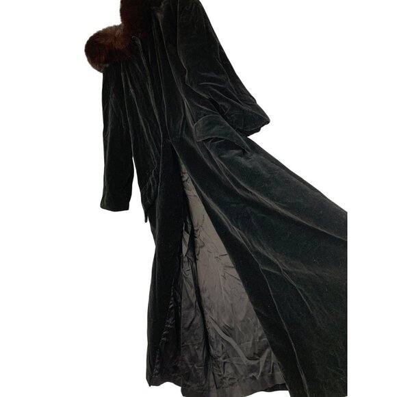 Black Velvet  Midi Coat Fox Fur Trim Hood Drizzle Neiman Marcus Size M 10 8716 - Picture 1 of 14